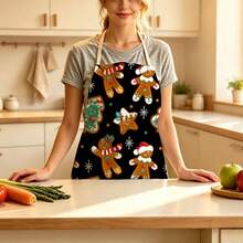 1pc Christmas Cute Gingerbread Man Party Print Apron - Halter Neck Sleeveless Design, Soft And Durable Fabric, Featuring Christmas Hat Gingerbread Man, Candy Cane And Christmas Tree Patterns, Suitable For Kitchen Cooking, Baking And Holiday Gatherings, Home Decor, Atmospheric Apron, Fun Christmas Gift - Multicolor - View 12