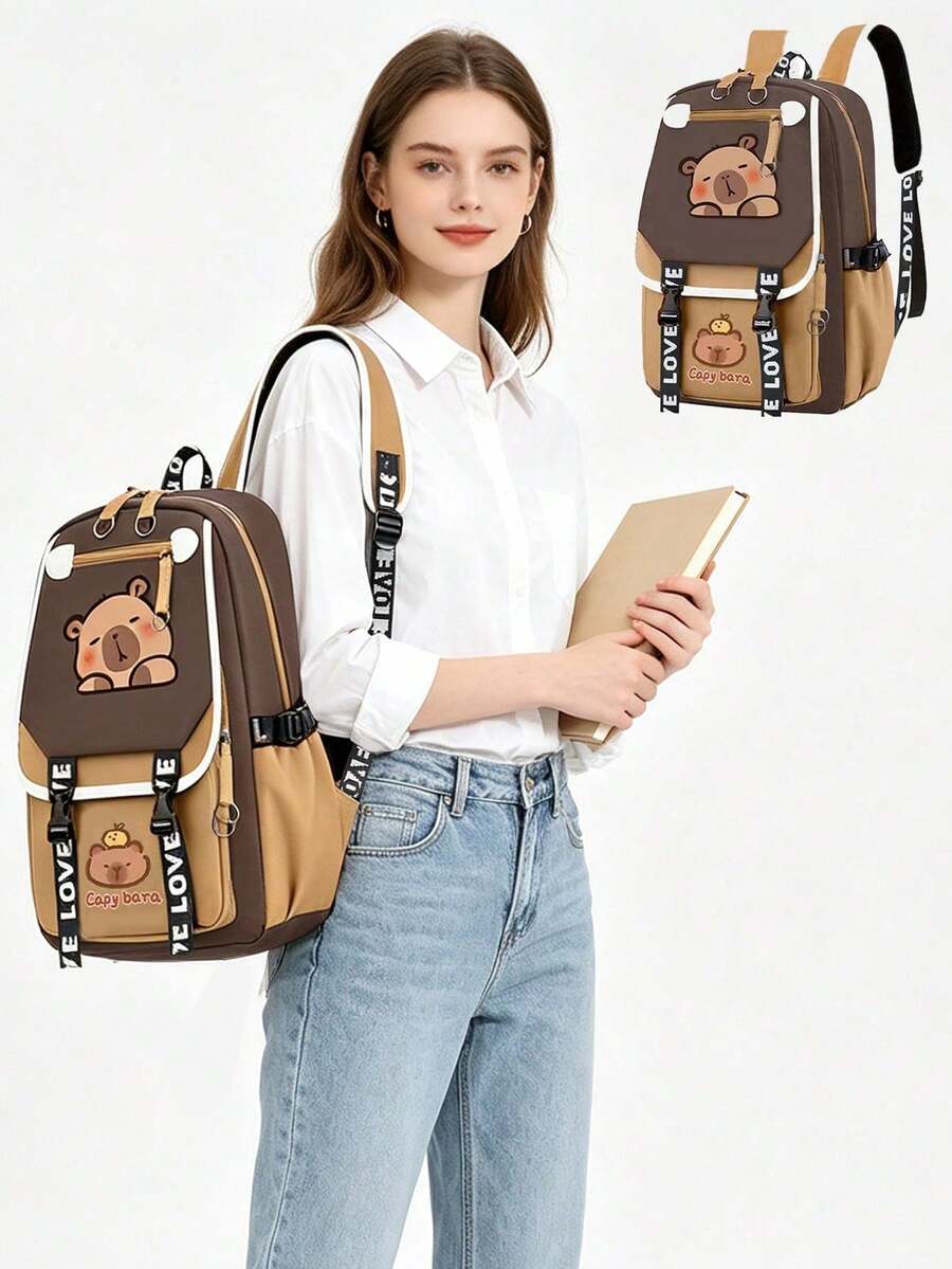 1pc Cute Water Vole Pattern Contrast Color Backpack, Large Capacity Lively Student Backpack. Note: Color, Letter And Lining Are Randomly Shipped. - Brown - View 1