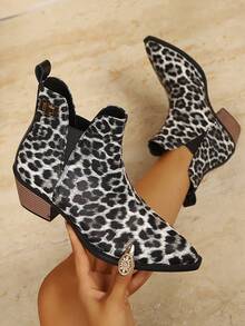 Women's Ankle Chelsea Boots, Pointed Toe Elastic Band Slip-On Low Heel, Versatile Daily Wear Autumn/Winter Shoes - Leopard Print Black - View 4