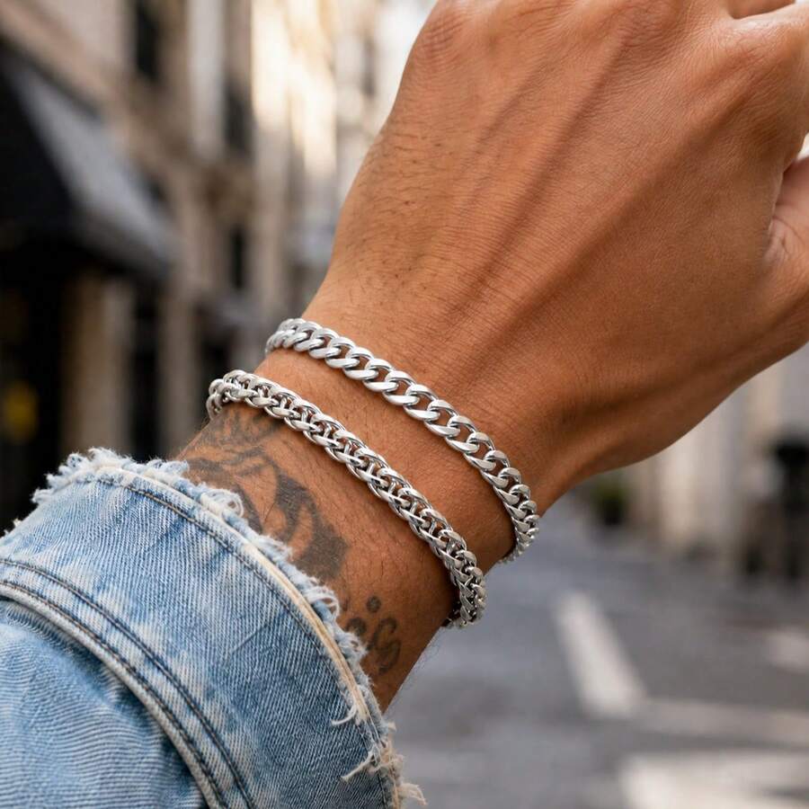 2Pcs/Set Simple Punk Silvery Stainless Steel Chain Bracelets For Men - Bracelet - View 1