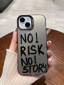 1pc NO!RISK NO!STORY English Phone Case, Silver Gray Background With Personalized Inspirational Text Print, Black Edge Raised Lens Full Coverage Anti-Drop Soft Back Hard Shell, Suitable For Valentine's Day, Easter, Mother's Day, Thanksgiving, Christmas, New Year, Birthday, Back To School Season Multiple Occasions Gift Choice; Compatible With IPhone Case & Galaxy Case - Black - View 5