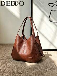 Dedoo Women's Bucket Shoulder Handbag, Minimalist Fashion Large Capacity Tote Bag, Soft Faux Leather Shoulder Bag, Zipper Handbag - Brown - View 1