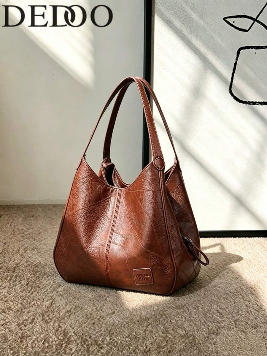 Dedoo Women's Bucket Shoulder Handbag, Minimalist Fashion Large Capacity Tote Bag, Soft Faux Leather Shoulder Bag, Zipper Handbag - Brown - View 1