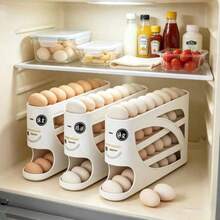4‑Tier Rolling Egg Rack‑Space‑Saving Side‑Door Design, Holds 30 Eggs, Convenient Handle, Suitable For Kitchen And Refrigerator Storage, Modern Kitchen Accessory, Durable Plastic Material - White 1pc - View 2