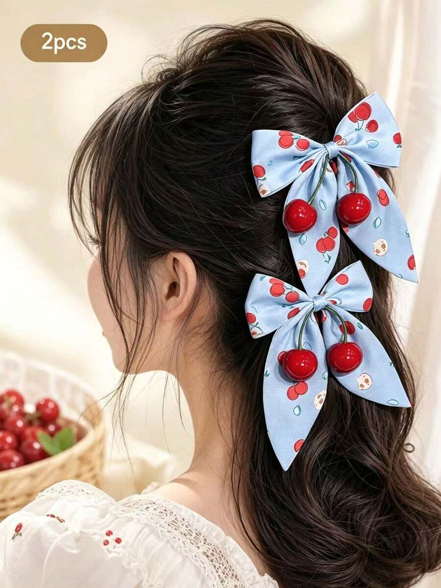 2件甜美風櫻桃蝴蝶結髮夾，韓系時尚髮飾，適合日常配戴，價格親民 - 彩色 - 查看 1