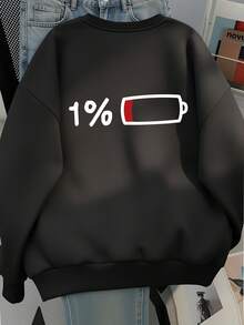 Funny 1% Low Battery Back Print Crew Neck Sweatshirt Women Loose Minimalist Black Versatile Long Sleeve Autumn Top - Black - View 2