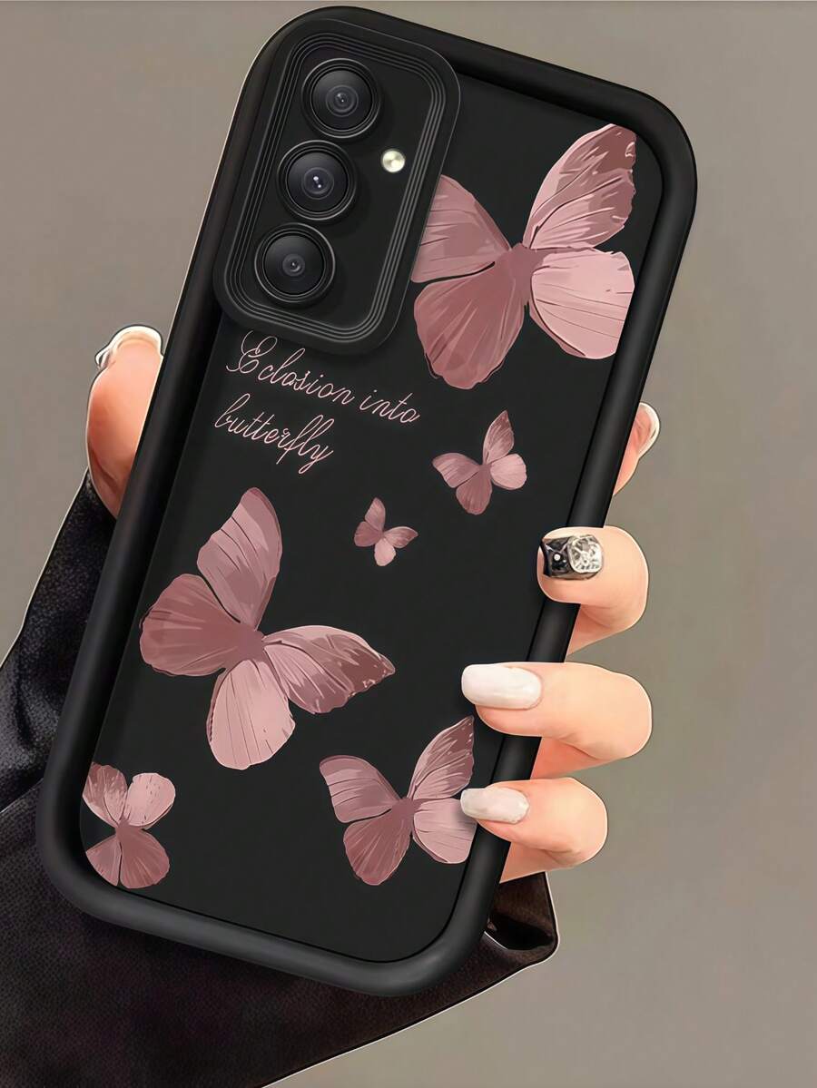 1pc Pink Brown Butterfly Phone Case, Beautiful Oil Painting Style Butterfly With Quote Text Soft TPU Shockproof Protective Phone Cover, Black Leather Frame Shockproof Soft TPU Protective Cover, Suitable For GALAXY, HONOR, Phone - Black - View 1