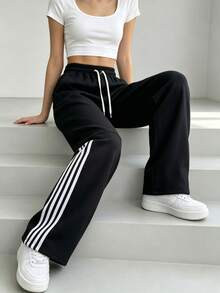 Women's Side Stripe Wide Leg Sweatpants, Drawstring Elastic Waist Loose Casual Streetwear Outdoor Long Pants, Straight Leg Sports Long Pants - Black - View 2