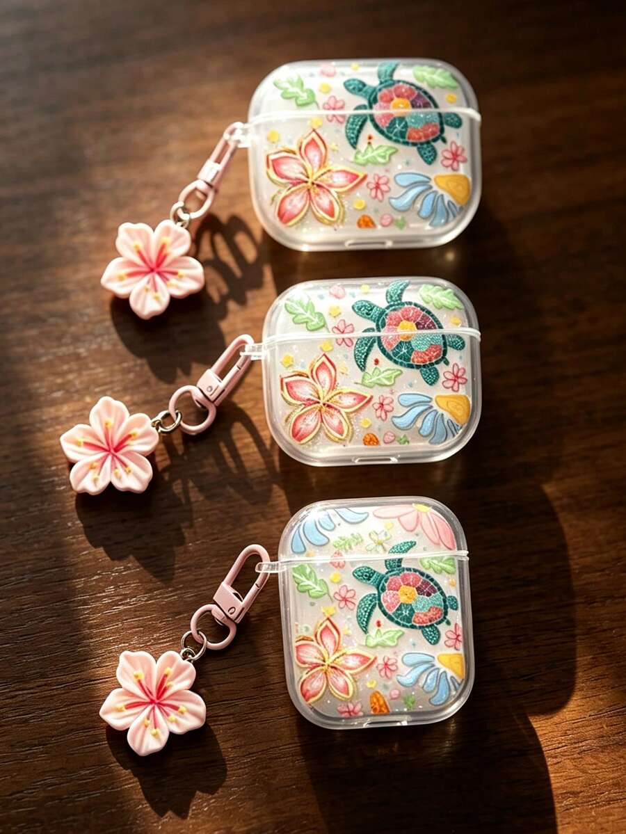 花朵海龜印花透明 TPU 耳機保護殼,附花朵吊飾手鍊,全包覆式保護套,適用於 1/2/3/5/Pro/Pro2/Pro3 - 彩色 - 查看 1
