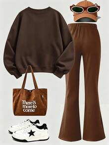 2pcs/Set Girls' Round Neck Sweatshirt & Flared Pants Outfit, Brown Bear Print Round Neck Sweatshirt + Flared Pants Set, Suitable For Autumn/Winter Daily Wear - Multicolor - View 3