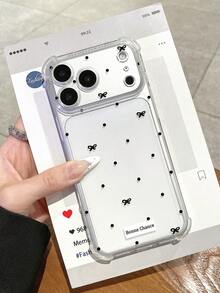 1pc Black Small Polka Dot Bow Bonne Chance French Good Luck Print Transparent Anti-Fall Phone Case, Transparent TPU Soft Shell Full Coverage Anti-Fall, Compatible With IPhone Case & Galaxy Case, Compatible With IPhone 17 17 ProMax 16 15 14 Pro Max, S24 S25 S26 Ultra - Clear - View 6