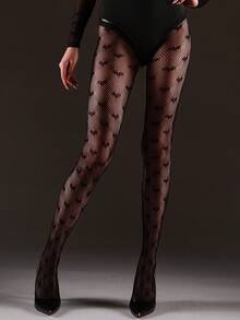 1 Pair Plus Size Women's Micro-Compression Elastic Fishnet Tights, Fashionable Multi-Color Heart Jacquard Versatile Slimming Pantyhose, Sexy Hollow Out Net Stockings For Halloween, Christmas, All Seasons - Multicolor - View 10