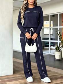 Women Autumn Casual Sports Contrast Striped Side Long Sleeve T-Shirt And Loose Wide Leg Pants Set,Back To School - Navy - View 7