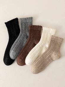 5 Pairs Elegant Solid Color Floral Embossed Pattern Women's Mid-Calf Socks, Non-Slip Soft Comfortable, Suitable For Autumn/Winter - Multicolor - View 6