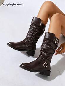 Winter Slouch Boots, Metal Double Buckle, Loose Pleated Shaft, Round Toe Chunky Heel. Solid Color Versatile, Vintage Western Style, Suitable For Daily Wear. - Brown - View 8
