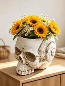 1pc Skull Ammonite Planter, Unique Fossil Spiral Design Decorative Vase, Bohemian Gothic Home Bathroom Desktop Centerpiece Decor, Indoor Succulent Orchid Stand, Modern Bookshelf Aesthetic Plant Container - Multicolor - View 4