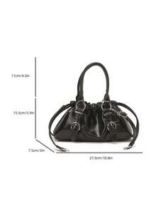 Solid Color Glossy Leather Shoulder Bag, Ruched Drawstring Design, Short Handle And Detachable Crossbody Strap, Flexible Switch Between Handheld And Crossbody, Ample Interior Space, Can Store Phone, Lipstick, Powder, Earphones And Other Small Travel Essentials, Suitable For Daily Shopping, Commuting, Work, Dating And Travel - Black - View 2