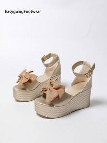 Women's Bow Open Toe Wedge Platform Sandals, Peep Toe Back Strap Ankle Buckle, Suitable For Outdoor, Party, Gathering - Gold - View 10