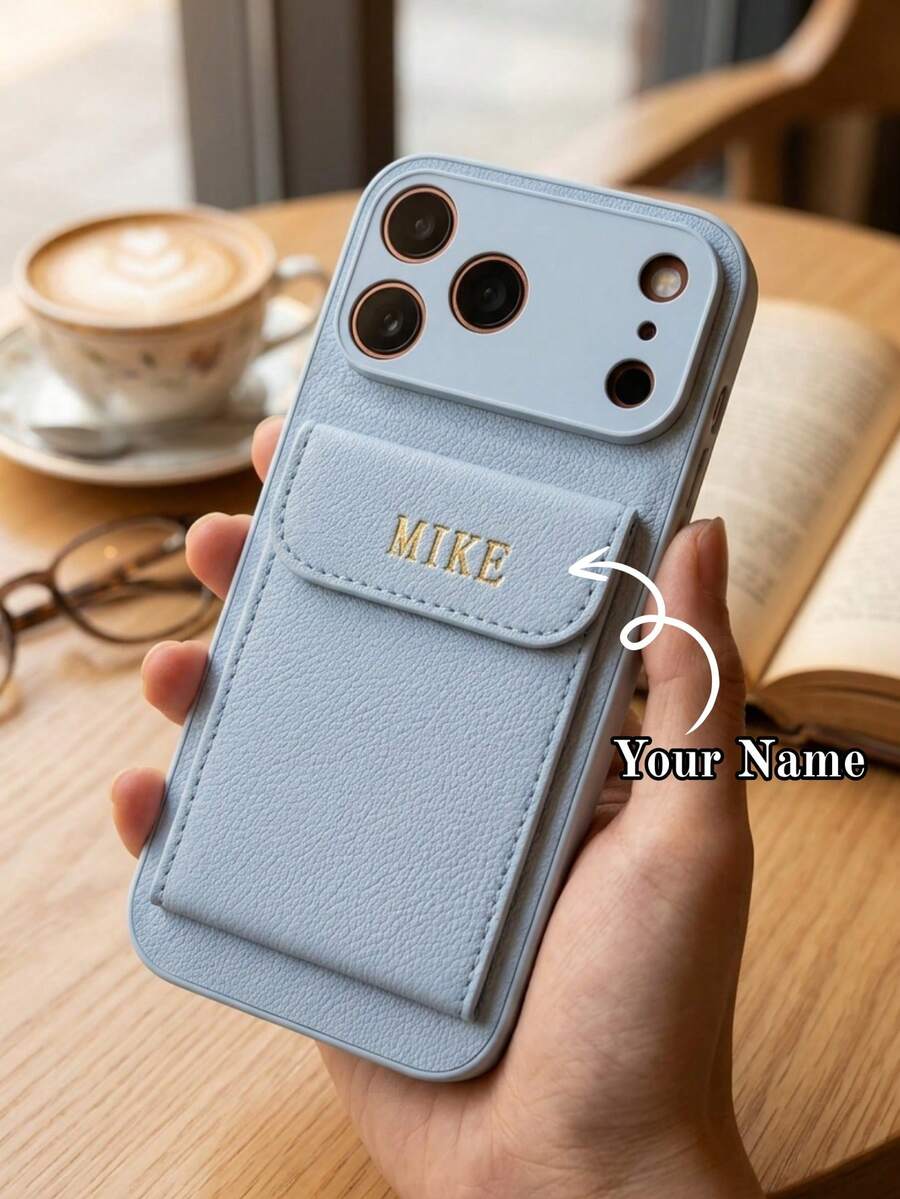 Customized Name Gold Foil Initial Lychee Texture PU Leather Wallet Phone Case, Compatible With IPhone 13 14 15 16 17 18 Pro Max Plus Air, Card Slot, Full Camera Protection, Anti-Scratch Anti-Shock Protective Shell, Fashion Commute Office Travel Accessory, Unisex Personalized Gift - Baby Blue - View 1