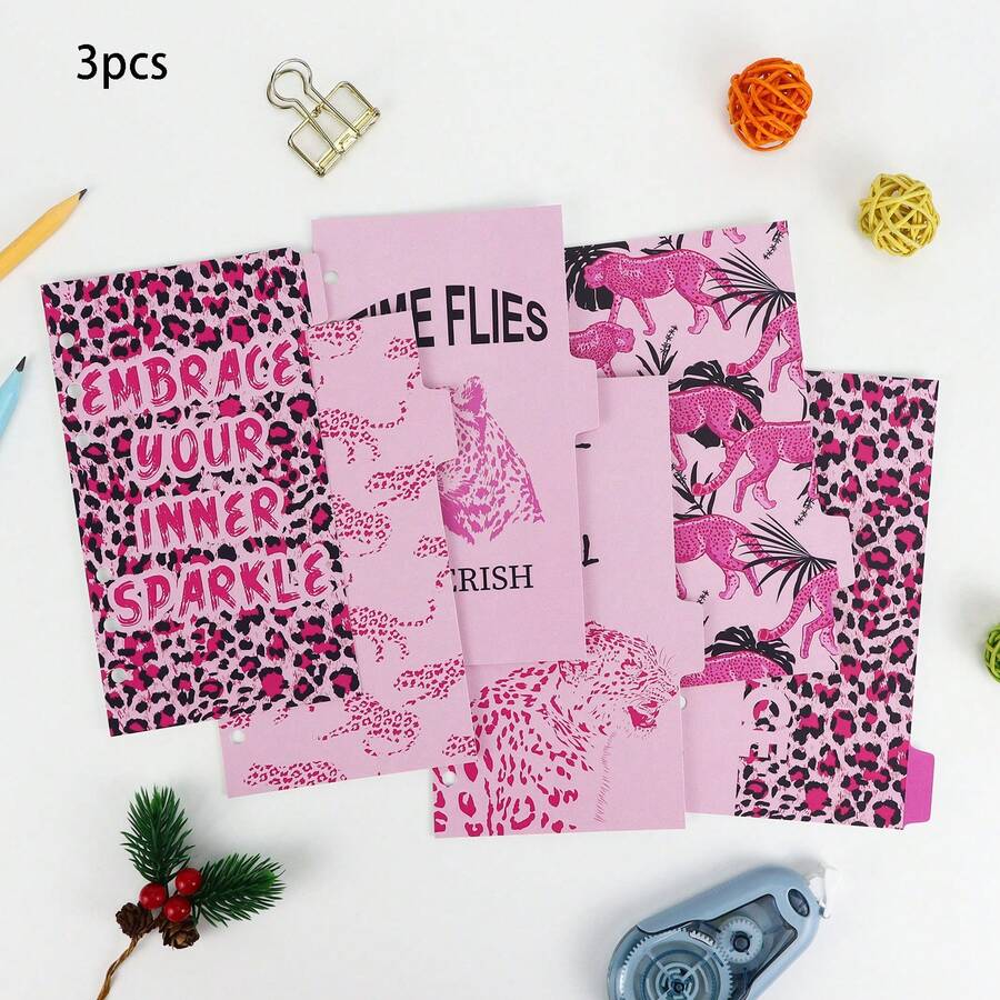 3pcs A6 Leopard Binder Dividers, 6 Hole Punch Thick Paper Index Divider Refill Pages, Leopard Pattern Planner Separators For Notebook Classification And Organization - A - View 1