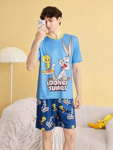 Noctvar OBM Sleepwear X LOONEY TUNES LOONEYTUNES Cartoon All-Over Print Men's Loungewear Light Blue Striped Short Sleeve & Shorts 2 Pieces Set - Multicolor - View 3