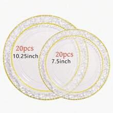 10/20/25 Pack 10.25 Inch & 7.5 Inch Clear Hammered Double Gold Rim Round Dinner Plates Food Trays, Chic Transparent Dinnerware Set For Halloween Autumn Harvest Party, Fancy Serving Plates For Party Hosts & Guests - View 14