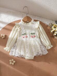 Baby Girls New Autumn/Winter Apricot 3D Cherry Lace Flutter Sleeve Mesh Dress Romper Long Sleeve Bodysuit Crawler Comfortable - Apricot - View 11