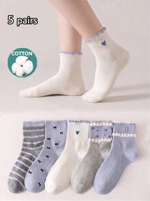 1/5 Pairs Women's Bowknot Ruffle Edge Short Socks, Cotton Socks, Soft & Breathable, Personalized, Preppy Style, Suitable For Home, Commute, Holiday Gifts - Multicolor - View 6
