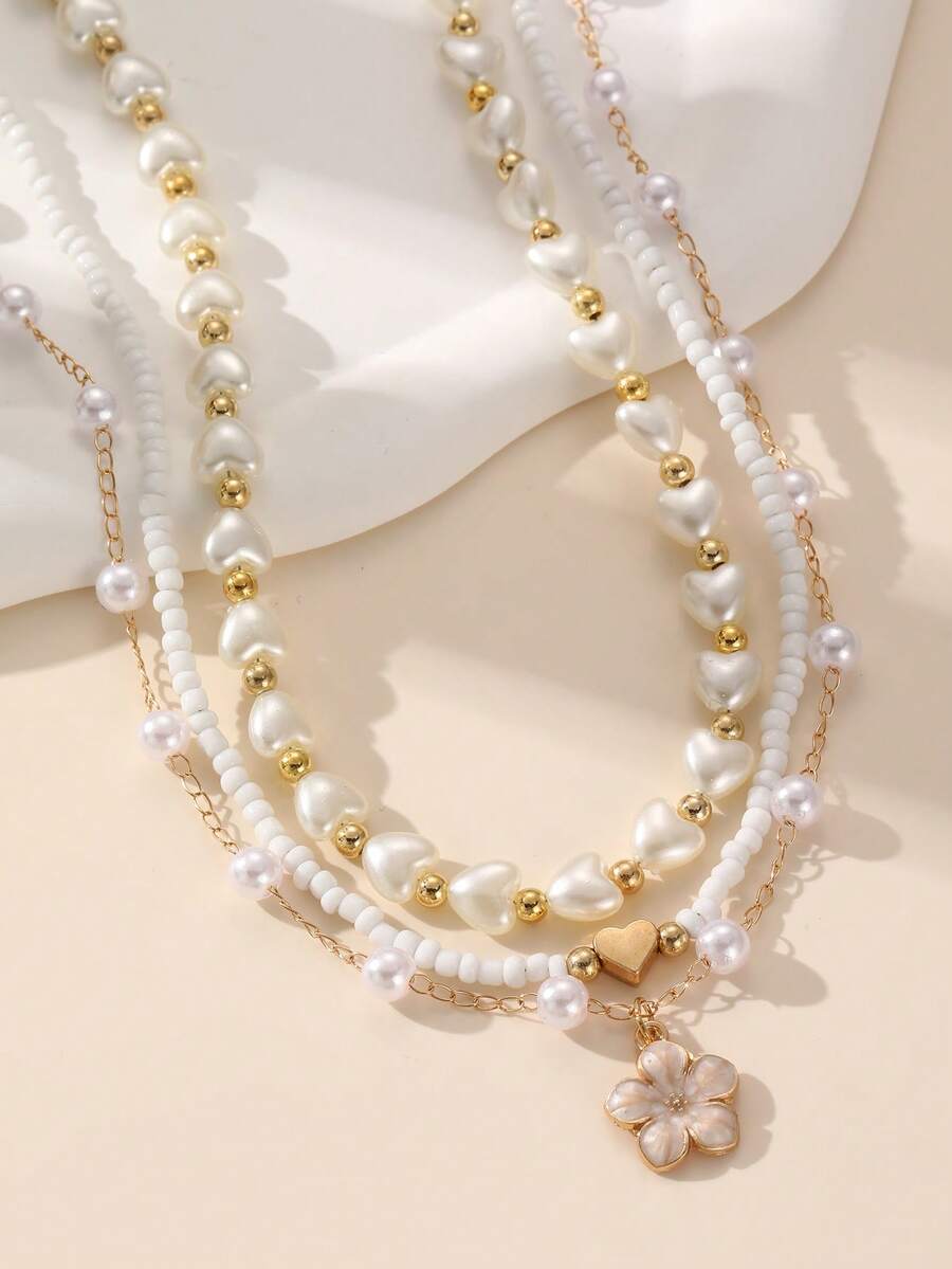 NAIZHU 3pcs Kalung Anak-Anak Motif Bunga dan Hati dengan Mutiara Imitasi Berlapis-lapis, Cocok untuk Pemakaian Sehari-hari dan Pesta - MultiWarna - View 1