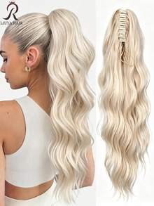Dark Brown & Black Claw Ponytail Hair Extensions, Light Brown Base Color, 24 Inch Water Wave Heat Resistant Synthetic Fiber Ponytail Wig, Suitable For Women's Daily Use Short Hair Accessory - Multicolor - View 16