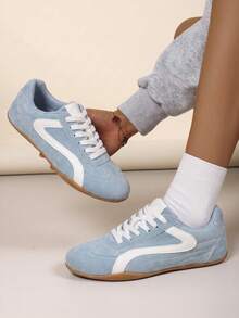 Light Blue Vintage Style Flat Sneakers, Women's Casual Lace-Up Front Shoes - Light Blue - View 8