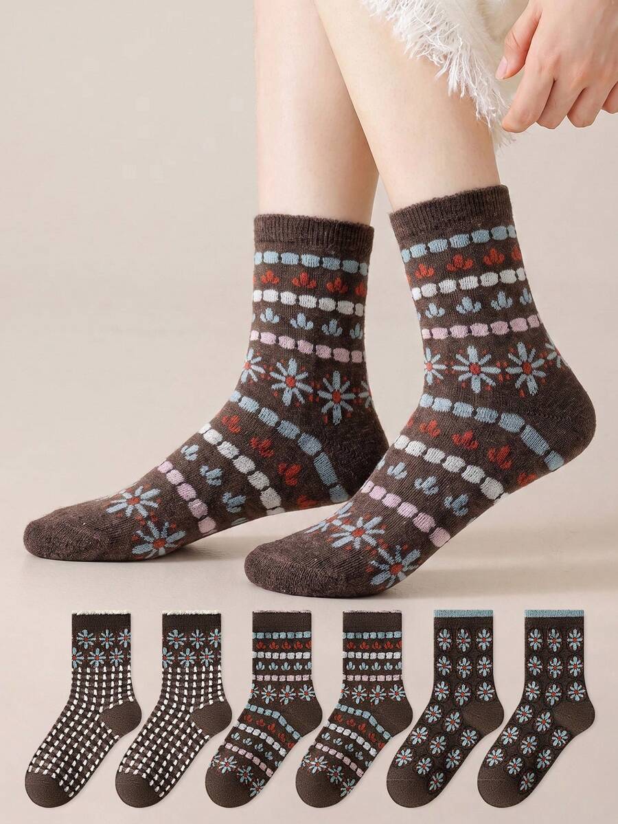 ZUJO 3 Pairs Vintage Women's Cable Knit Ruffle Mid-Calf Socks, Daisy Floral Slouch Socks, Comfortable & Warm, Suitable For Spring, Autumn, Winter - Multicolor - View 1