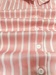 Casual Fashion Striped Print Women's Plus Size Button-Up Long Sleeve Shirt Blouse Pink - Pink - View 4