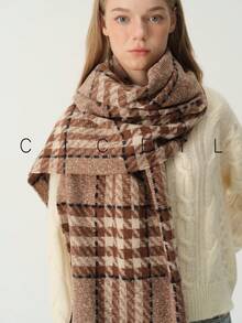 1pc Women's Fashion Versatile Plaid Multicolor Patchwork Polyester Scarf, Warm For Autumn/Winter, Daily Wear - Blue Camel - View 4