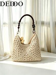 Dedoo Large Capacity Vacation Style Hollow Straw Handbag, Bohemian Woven Shoulder Bag, Casual Retro Romantic Style With Tri-Color Interwoven Diagonal Geometric Pattern, Visually Rich Layered Design, Bright And Soft, Suitable For Travel, Beach, Summer Outings, Gifts - Beige - View 2