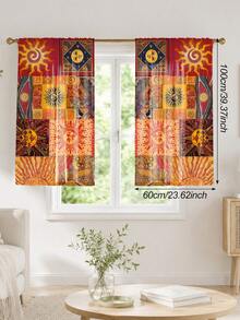 2pcs Vintage Patchwork Sun Print Semi-Sheer Curtains, Bohemian Warm Tone Plaid Sun God Pole Bag Curtains For Bedroom Floor-To-Ceiling Window Decor - Multicolor - View 16