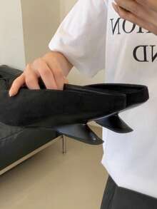 復古高級女款楔形跟尖頭皮鞋，百搭舒適通勤晚宴風新鞋 - 黑色 - 查看 5