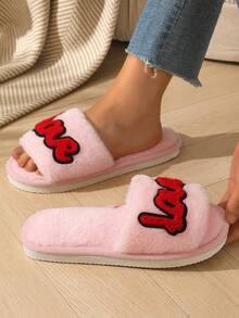 新款女款 LOVE 字母刺繡毛絨露趾拖鞋，舒適室內地板拖鞋，四季皆宜 - 粉色 - 查看 6