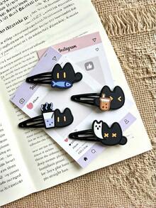 4PCS Cute Cartoon Black Cat BB Clips, Fun Cat Milk Tea Ghost Decorative Hair Clips, Quirky Adorable Cat Hair Clip Set, Daily Versatile Cute Hair Accessories - Black - View 1