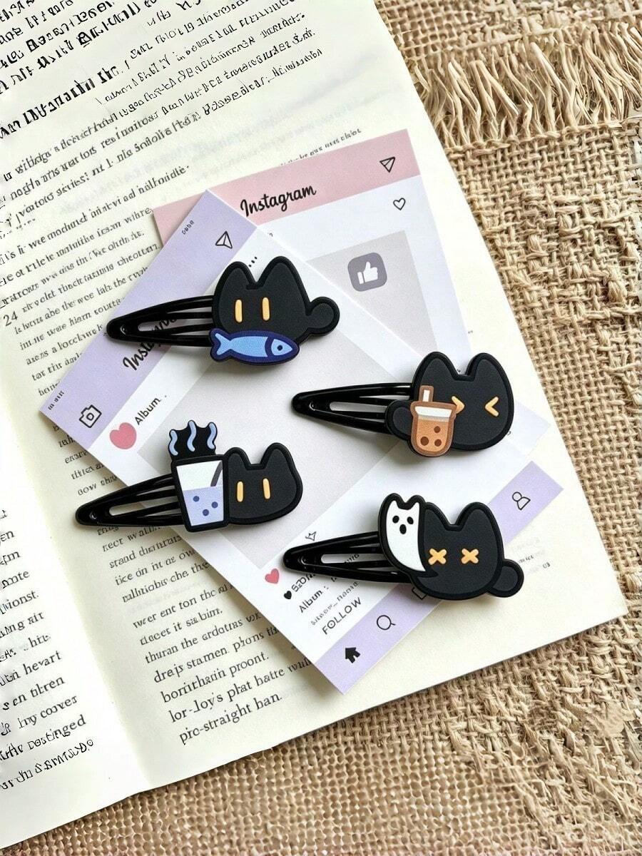4PCS Cute Cartoon Black Cat BB Clips, Fun Cat Milk Tea Ghost Decorative Hair Clips, Quirky Adorable Cat Hair Clip Set, Daily Versatile Cute Hair Accessories - Black - View 1