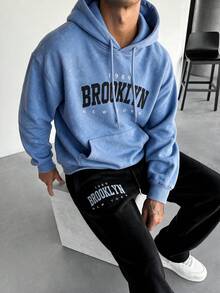 City Style Acid Wash Sweatshirt & Sweatpants Set, Letter Print On Chest, Dropped Shoulder Loose Fit, Men's Sports Outfit - Baby Blue - View 1