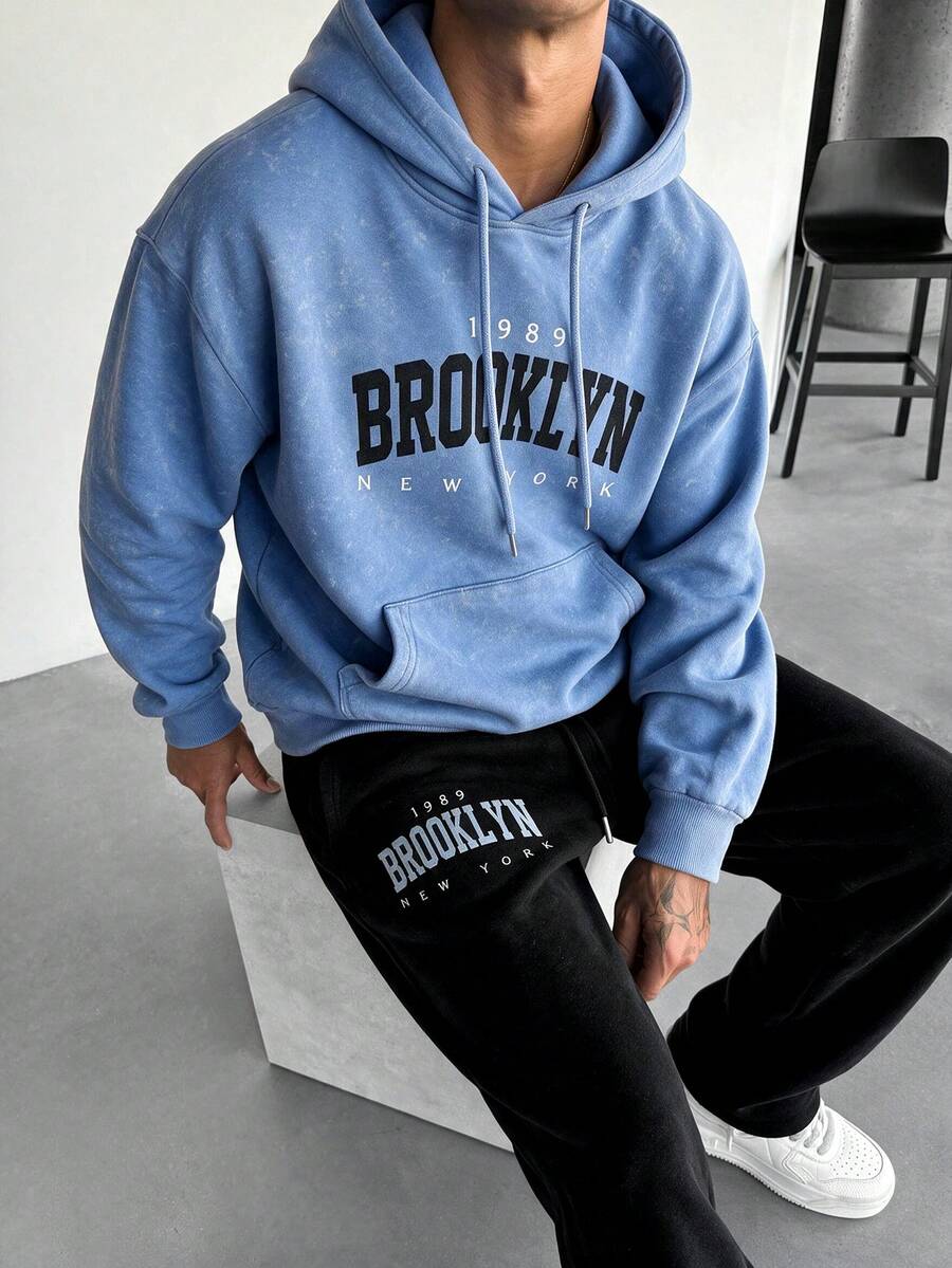 City Style Acid Wash Sweatshirt & Sweatpants Set, Letter Print On Chest, Dropped Shoulder Loose Fit, Men's Sports Outfit - Baby Blue - View 1