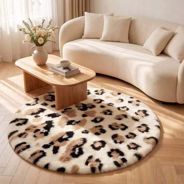 1pc Washable Non-Slip Cream Base Leopard Print Faux Rabbit Fur Decorative Rug, Brown And Cream Minimalist Design, Simple And Elegant, Versatile For Various Home Decor Styles, Vintage And Cozy, Bedroom Bedside Rug, Princess Healing Style, Suitable For Living Room, Bedroom, Bedside, Vanity, Nursery And Other Living Spaces, Gentle And Sweet, Enhances Home Happiness, All-Season Daily Use