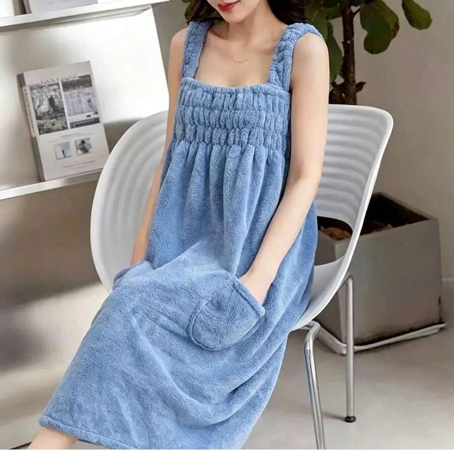 Women's Wearable Bathrobe, Thick Coral Fleece, Absorbent Quick-Dry, Spaghetti Strap Elastic Waist, Home Bathing Wrap Towel - Dusty Blue - View 1