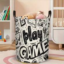 1 pieza Caja de almacenamiento con patrón de elemento de juego de boceto minimalista impresión 2D, Cesta de lavandería, Adecuada para decoración de habitación, Almacenamiento de dormitorio, Caja de almacenamiento multiusos, Ideal para organizar ropa y libros del hogar, Cesta de lavandería conveniente - Multicolor - Ver 3