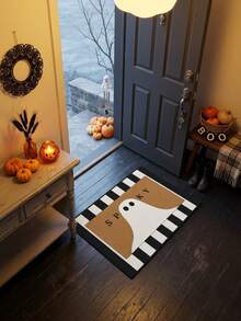 1PC Black & White Striped Brown Background Ghost Letter Pattern Entryway Mat, Cute & Quirky Style Faux Cashmere Rectangular SPKY Letter White Ghost Detail Machine Washable Door Mat, Suitable For Halloween Party Entrance Garden Decor - Multicolor - View 6