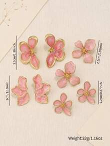 4 Pairs Pink Oil-Drip Flower Earrings Set, Gold-Rimmed Floral Stud Earrings, Women's Daily Wear - Multicolor - View 4