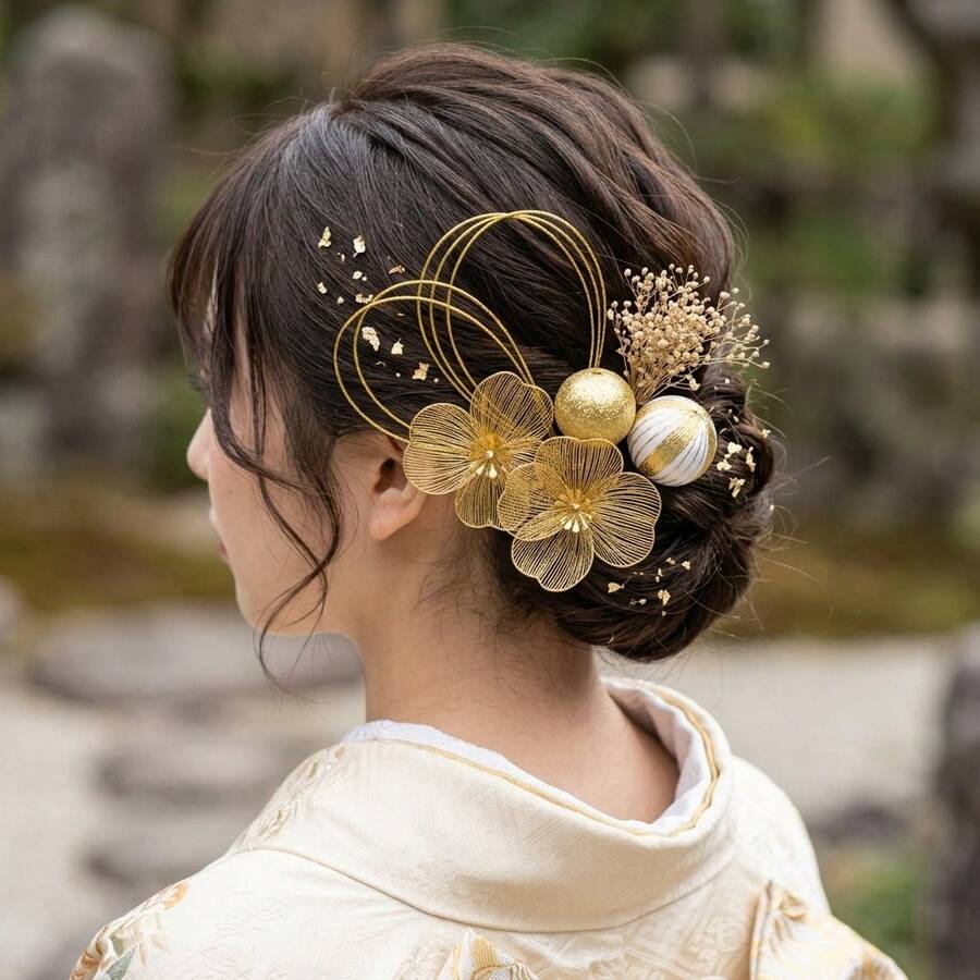 浴衣 髪飾り 和装 パール髪飾り 着物 袴 ドライフラワー ピンク アクセサリー ヘアアクセサリー  花 結婚式 成人式  前撮り 花火大会 花8点 - ゴールド - チェックする 1