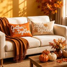 2pcs Pumpkin Letter Print Decorative Pillowcases, Farmhouse Rustic Linen Texture Rectangular Cushion Covers, Autumn Thanksgiving Halloween Home Decor, Suitable For Sofa Bedroom Living Room, Modern Country Style Throw Pillow Covers, Pillow Insert Not Included - Orange - View 12