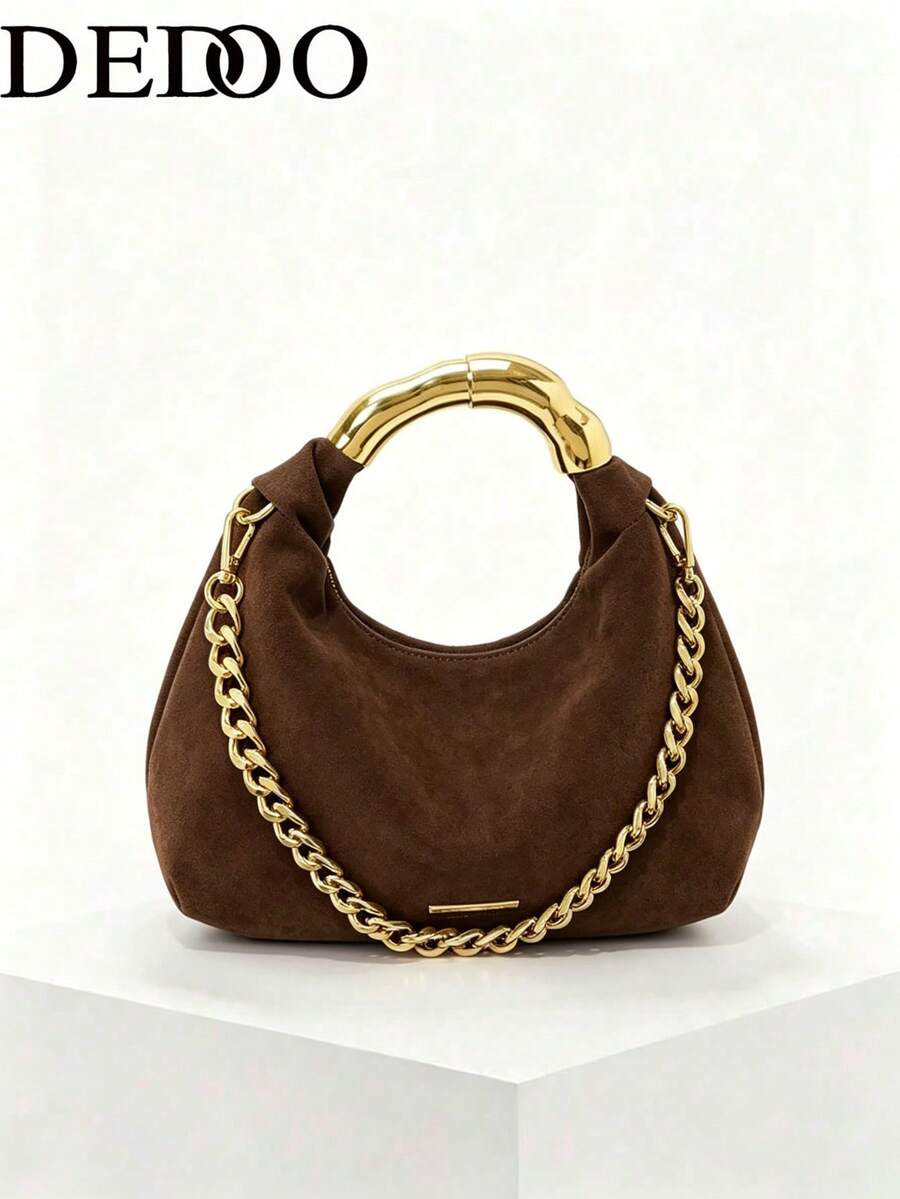 Dedoo Women's Hobo Underarm Crossbody Bag, Solid Suede, Thick Metal Chain, Replaceable Strap, Zipper Closure, Retro Luxury For Autumn Winter Daily Commute